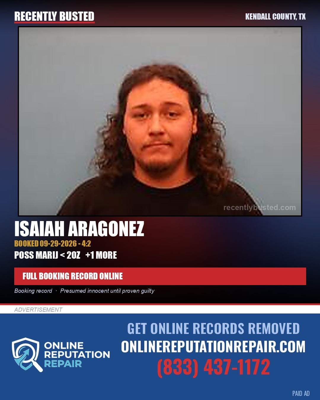 Aragonez, Isaiah — arrest record card, Kendall County, Texas