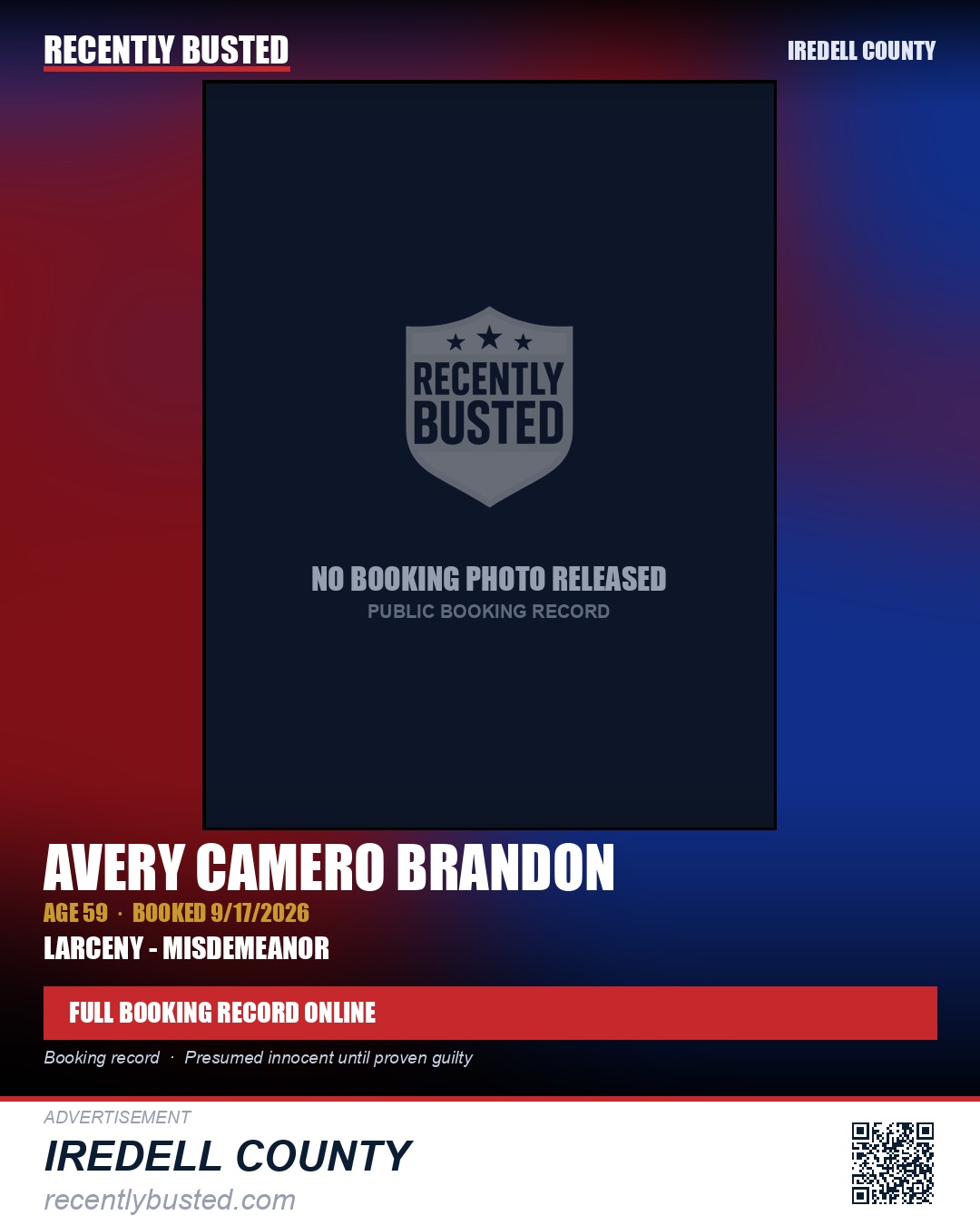 AVERY CAMERO BRANDON — arrest record card, Iredell County