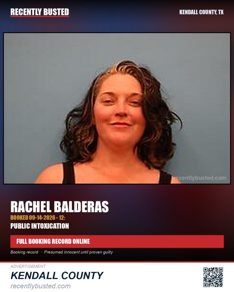 Balderas, Rachel — arrest record card, Kendall County, Texas