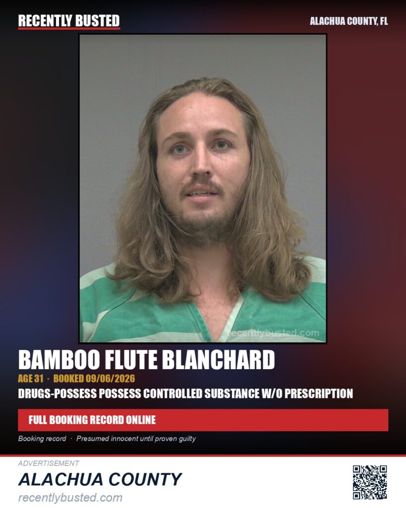 Bamboo Flute Blanchard — arrest record card, Alachua County, Florida