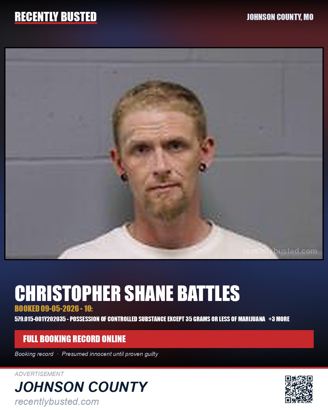 BATTLES, CHRISTOPHER SHANE — arrest record card, Johnson County, Missouri
