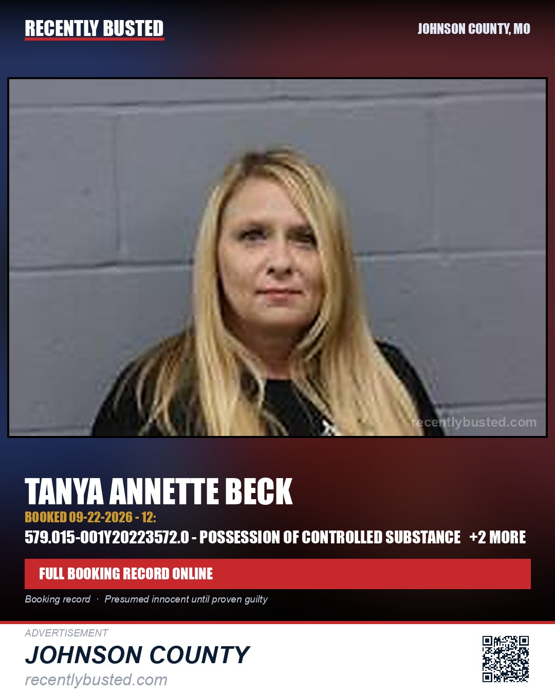 BECK, TANYA ANNETTE — arrest record card, Johnson County, Missouri