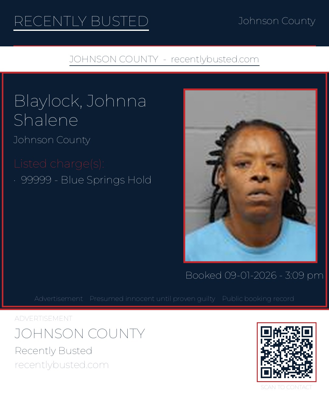 BLAYLOCK, JOHNNA SHALENE — arrest record card, Johnson County, Missouri