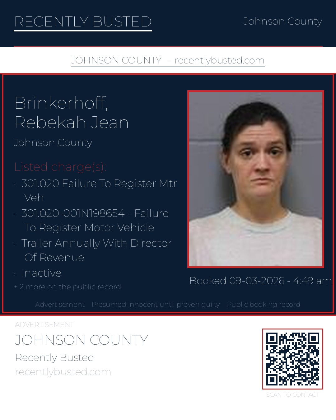 BRINKERHOFF, REBEKAH JEAN — arrest record card, Johnson County, Missouri