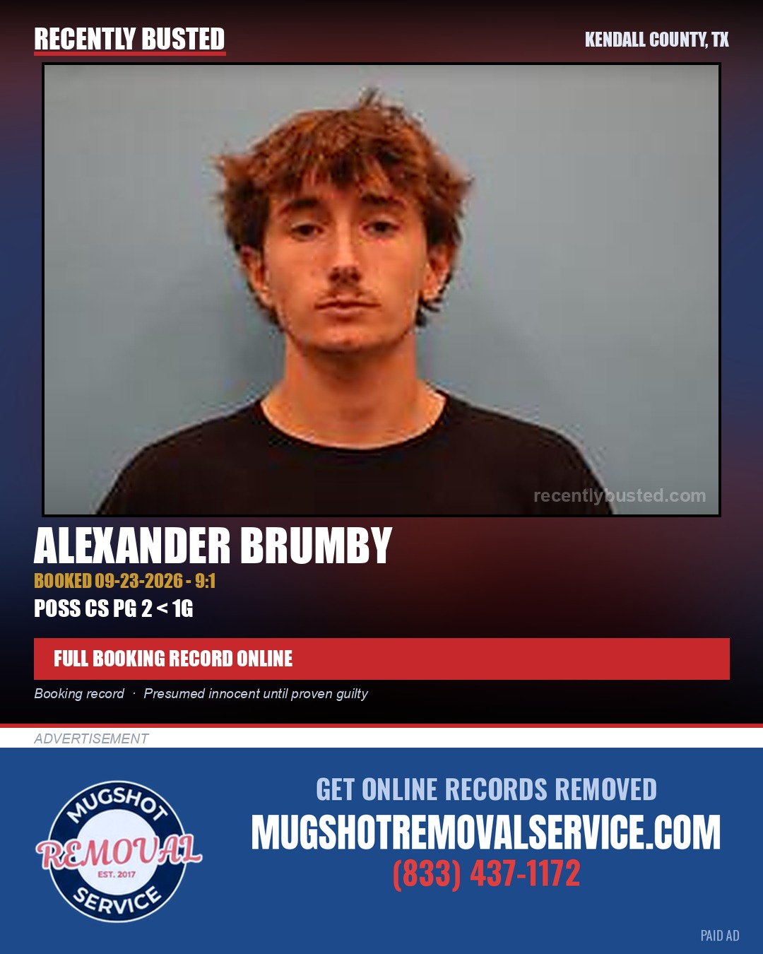 Brumby, Alexander — arrest record card, Kendall County, Texas
