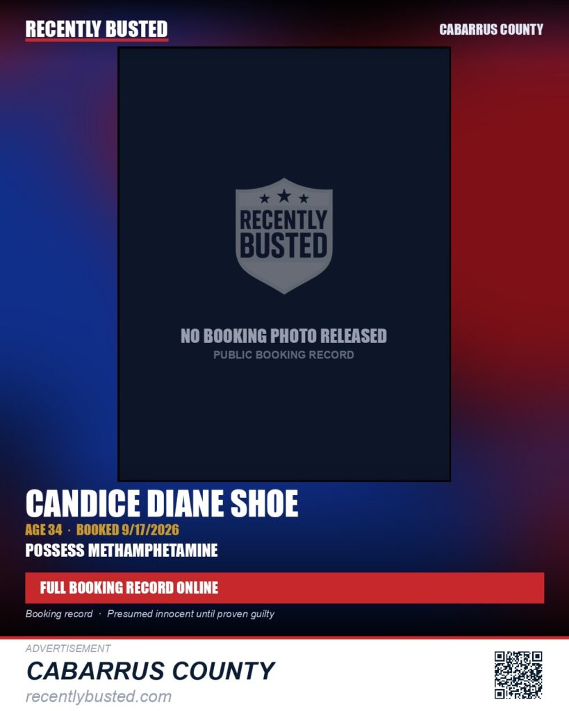 CANDICE DIANE SHOE — arrest record card, Cabarrus