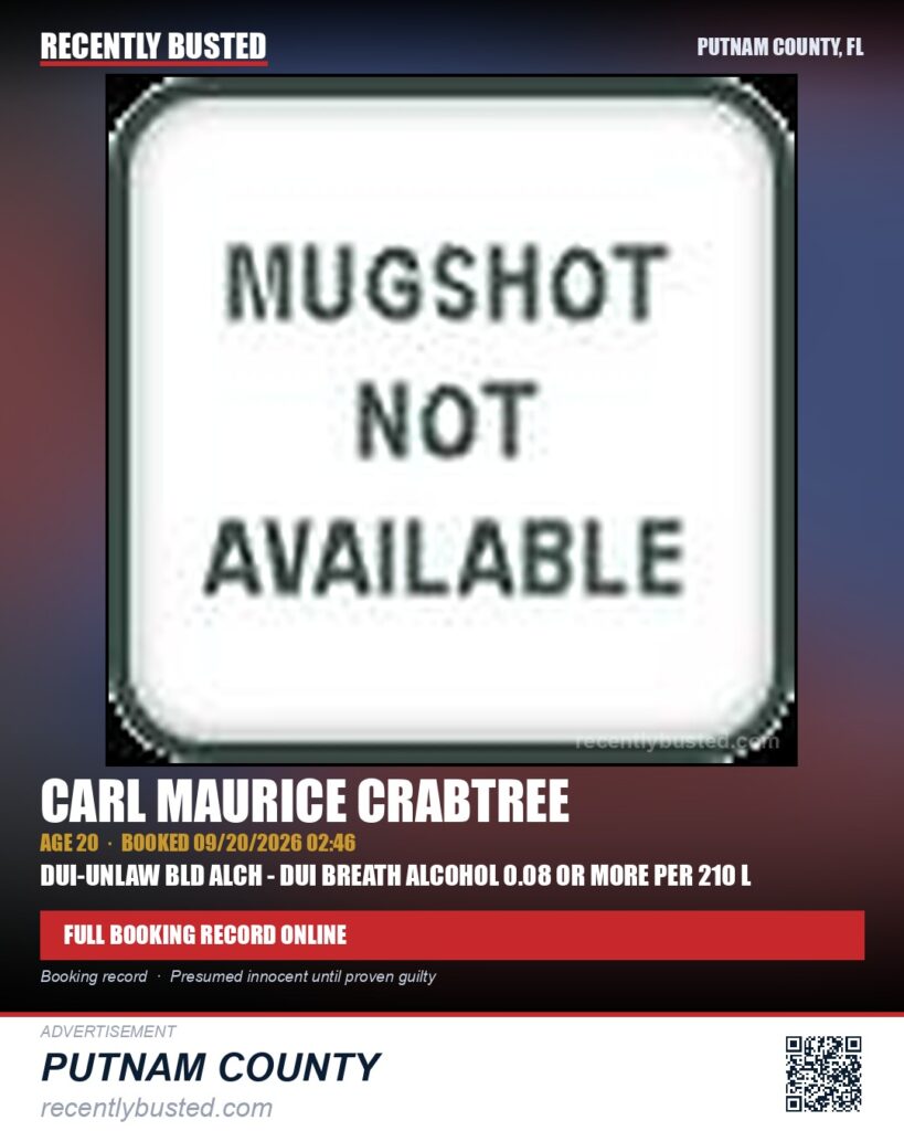 Carl Maurice Crabtree — arrest record card, Putnam County, Florida