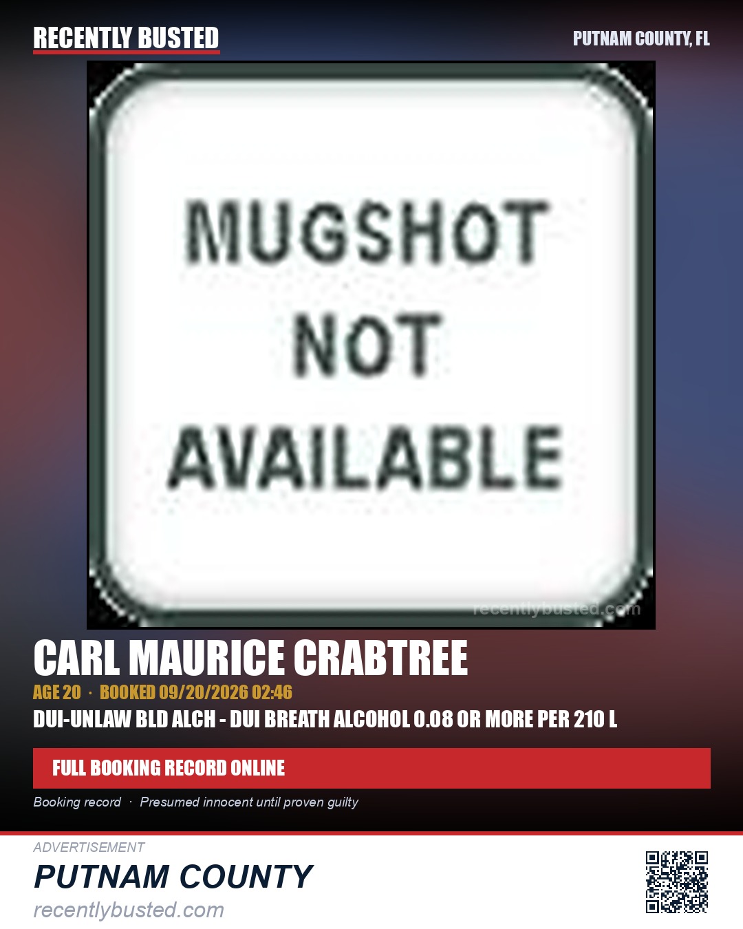 Carl Maurice Crabtree — arrest record card, Putnam County, Florida