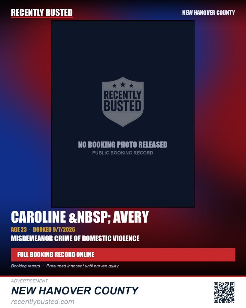 CAROLINE &nbsp; AVERY — arrest record card, New Hanover