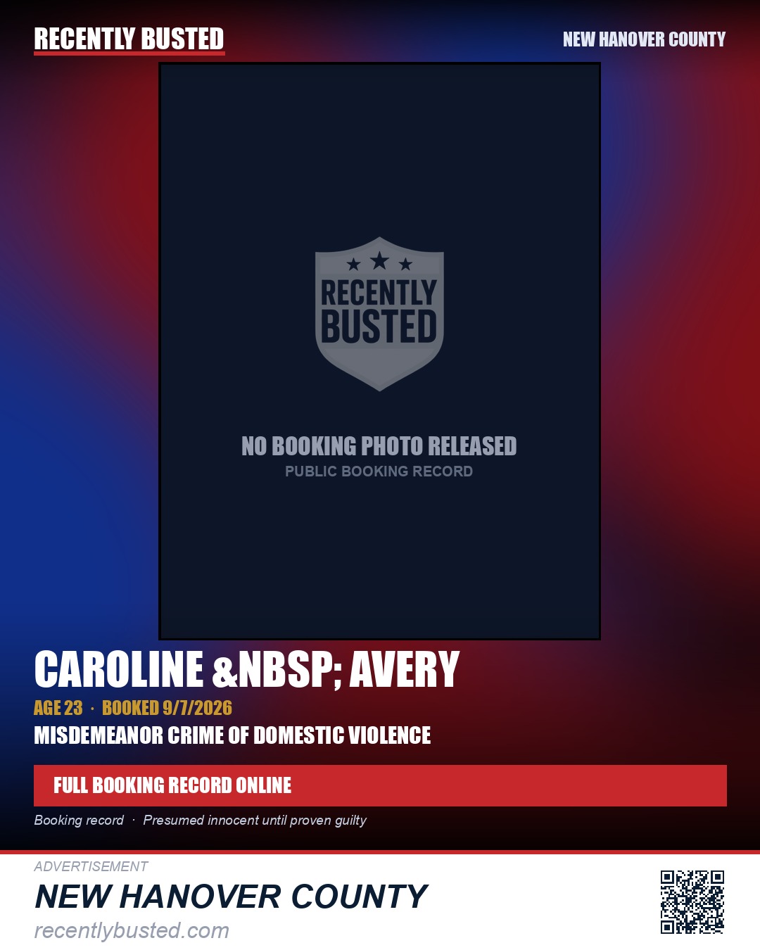 CAROLINE &nbsp; AVERY — arrest record card, New Hanover County