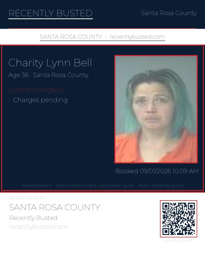 Charity Lynn Bell — arrest record card, Santa Rosa County, Florida