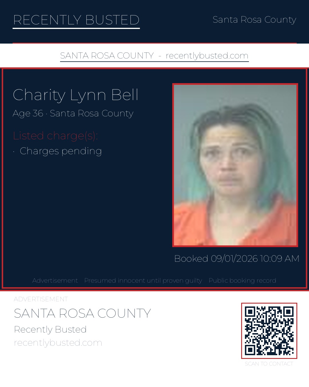 Charity Lynn Bell — arrest record card, Santa Rosa County, Florida