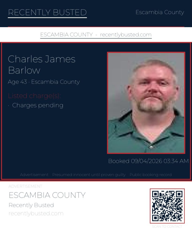 Charles James Barlow — arrest record card, Escambia County, Florida