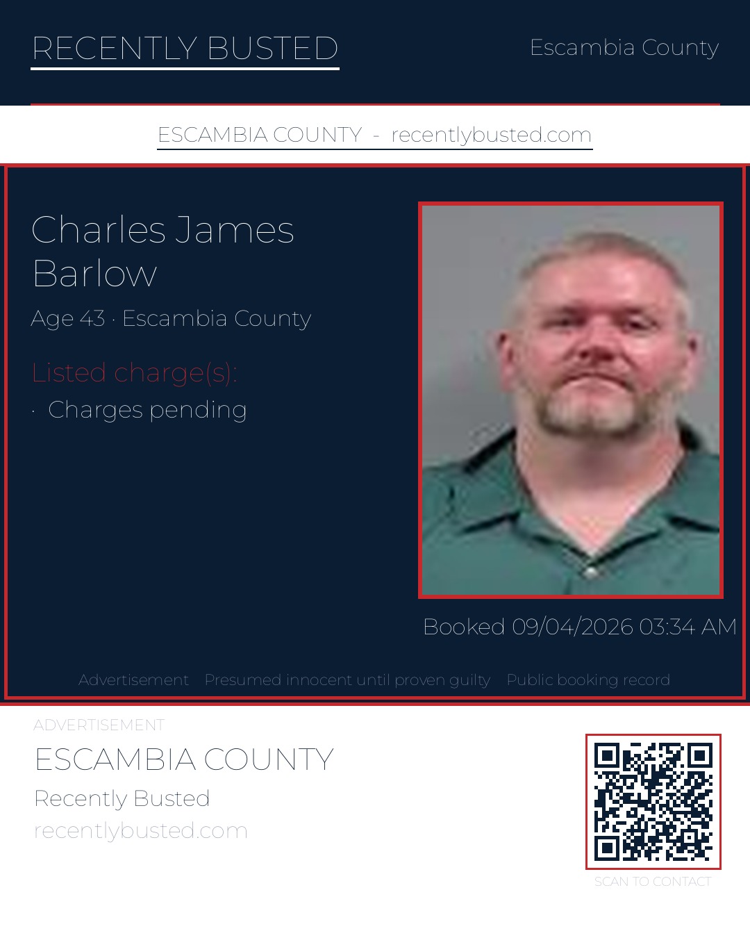 Charles James Barlow — arrest record card, Escambia County, Florida