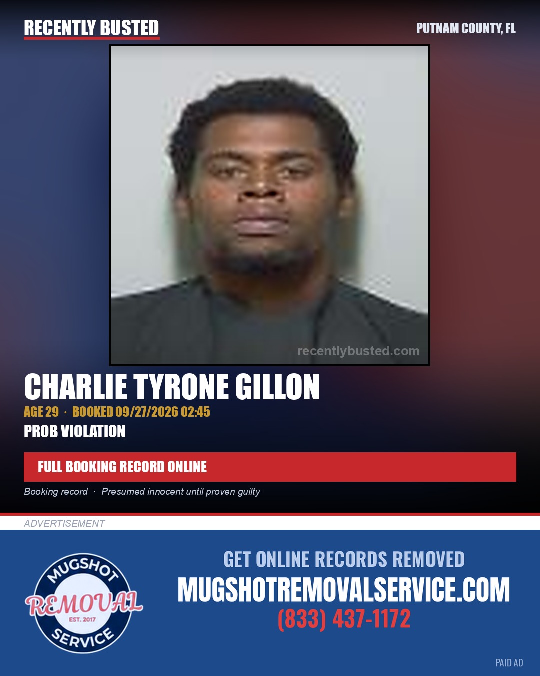 Charlie Tyrone Gillon — arrest record card, Putnam County, Florida
