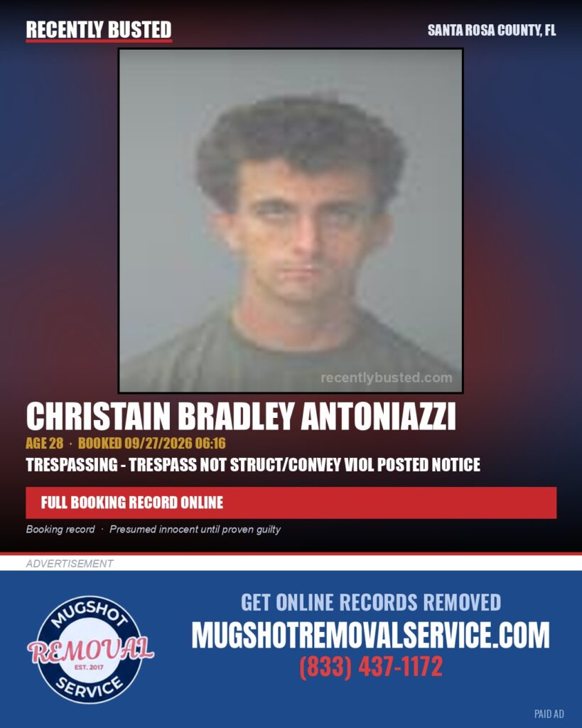 Christain Bradley Antoniazzi — arrest record card, Santa Rosa County, Florida
