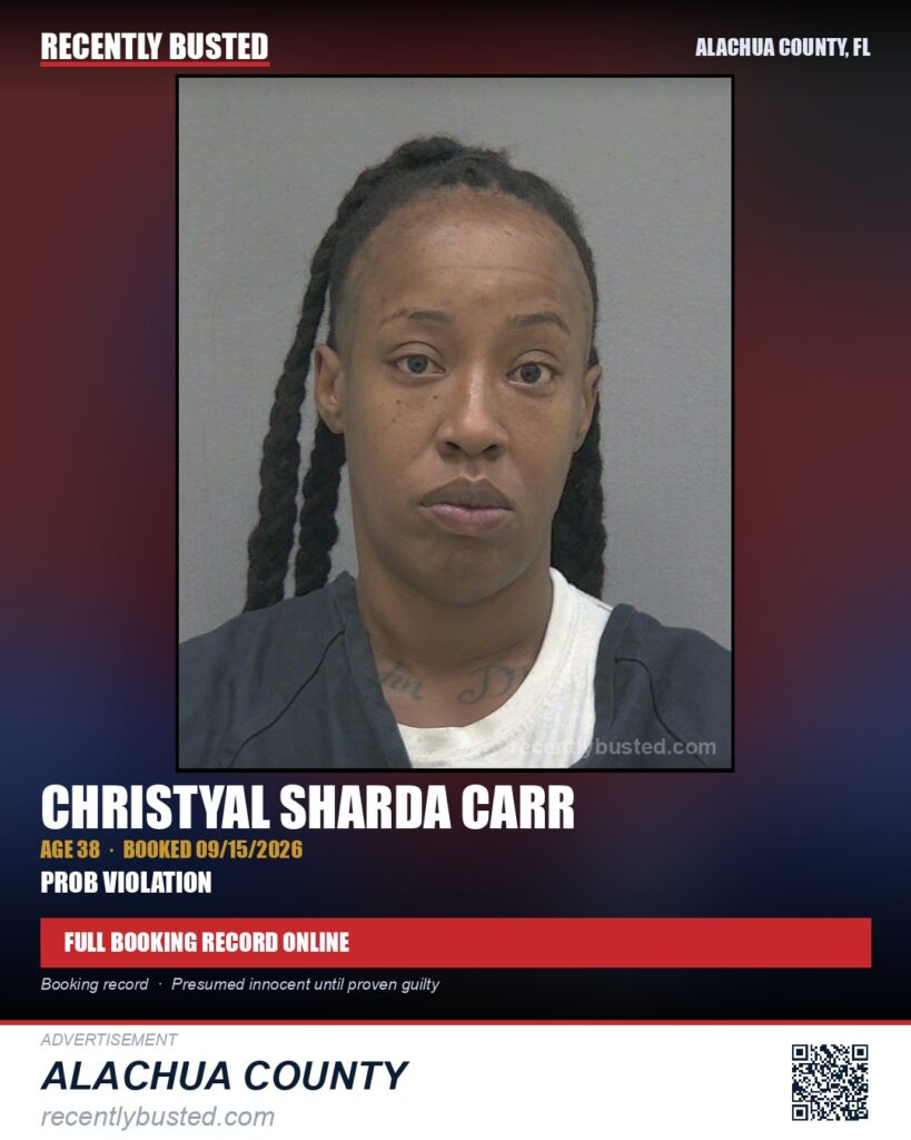Christyal Sharda Carr — arrest record card, Alachua County, Florida