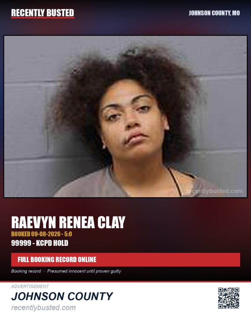 CLAY, RAEVYN RENEA — arrest record card, Johnson County, Missouri