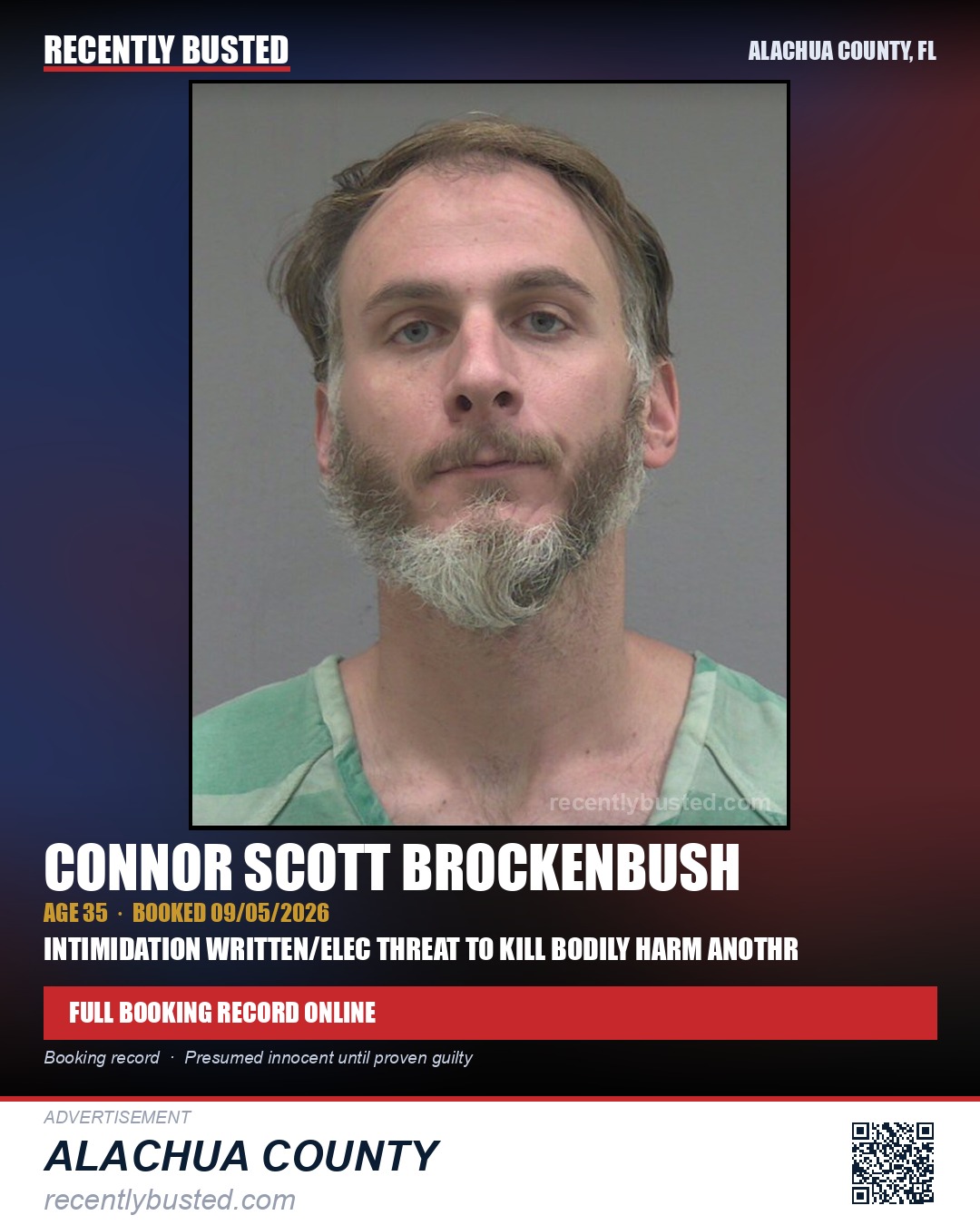 Connor Scott Brockenbush — arrest record card, Alachua County, Florida