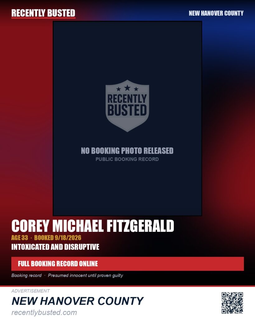 COREY MICHAEL FITZGERALD — arrest record card, New Hanover