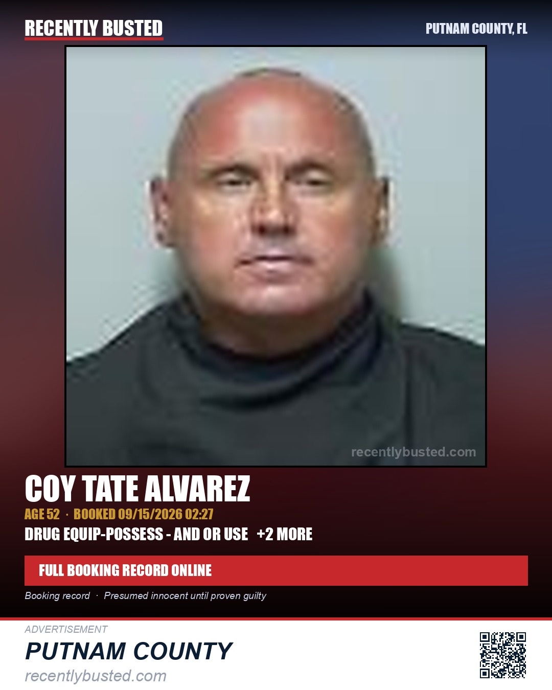 Coy Tate Alvarez — arrest record card, Putnam County, Florida