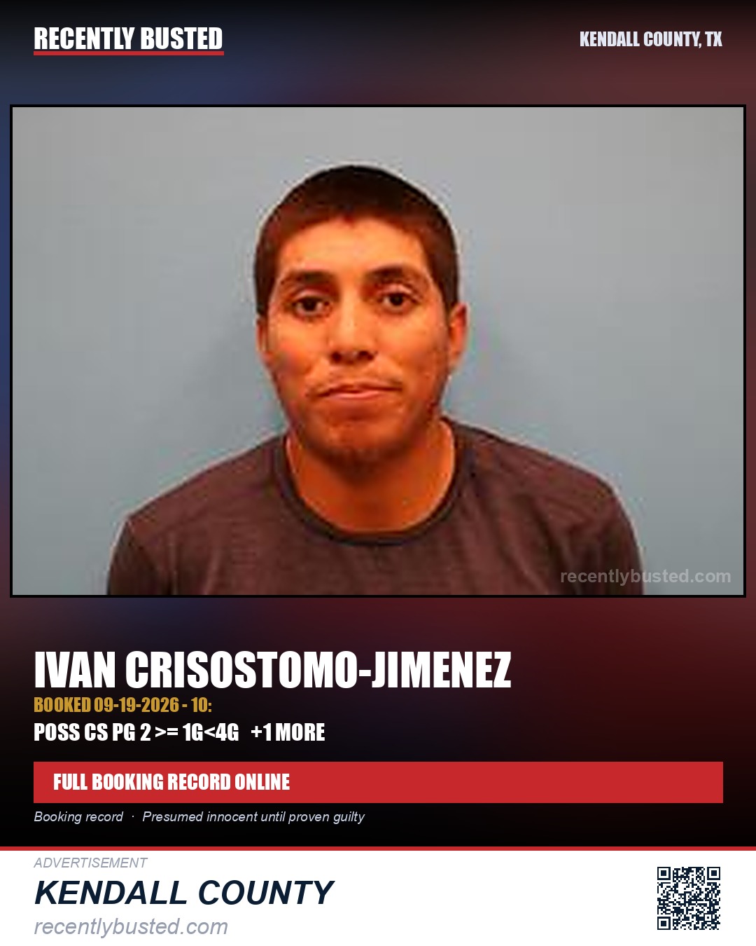 Crisostomo-Jimenez, Ivan — arrest record card, Kendall County, Texas
