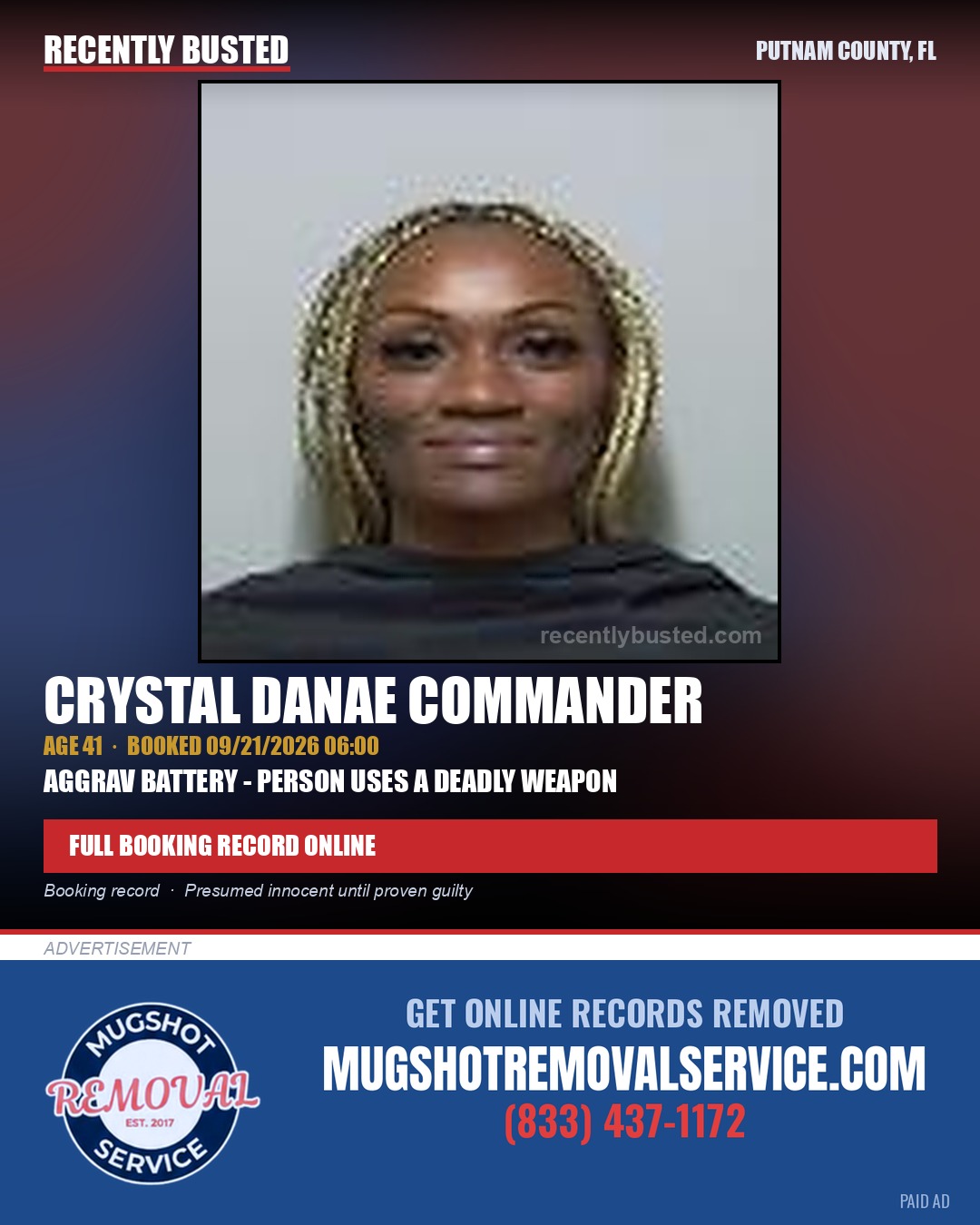 Crystal Danae Commander — arrest record card, Putnam County, Florida