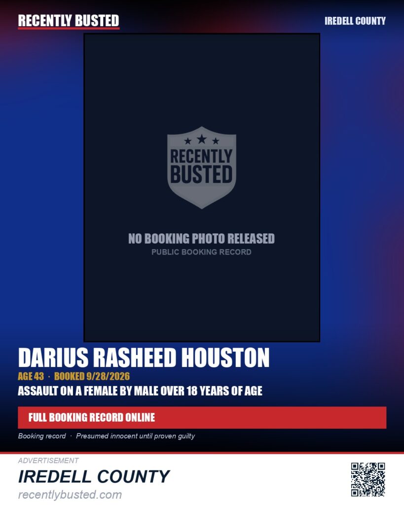 DARIUS RASHEED HOUSTON — arrest record card, Iredell County