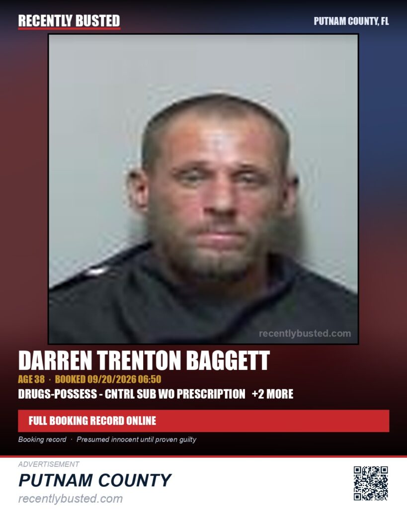 Darren Trenton Baggett — arrest record card, Putnam County, Florida