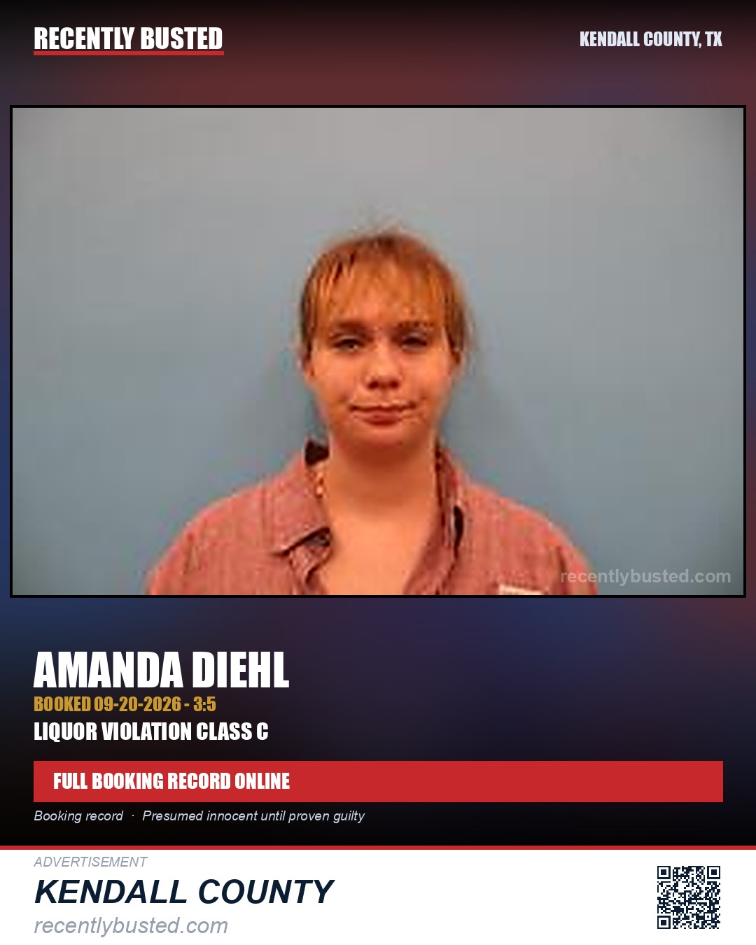 Diehl, Amanda — arrest record card, Kendall County, Texas
