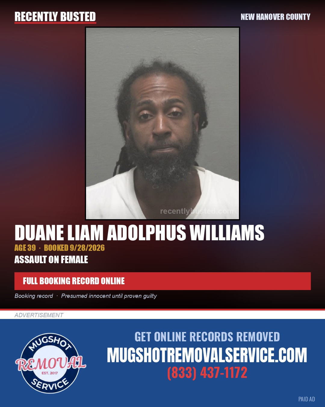 DUANE LIAM ADOLPHUS WILLIAMS — arrest record card, New Hanover County