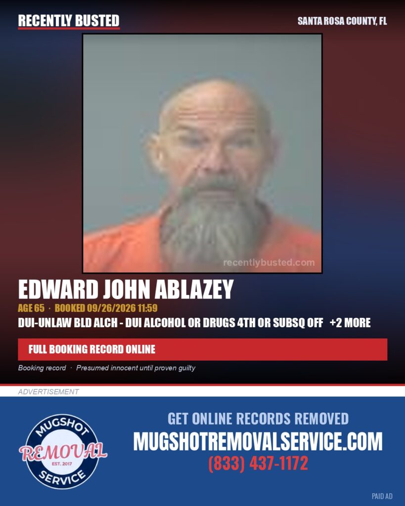 Edward John Ablazey — arrest record card, Santa Rosa County, Florida