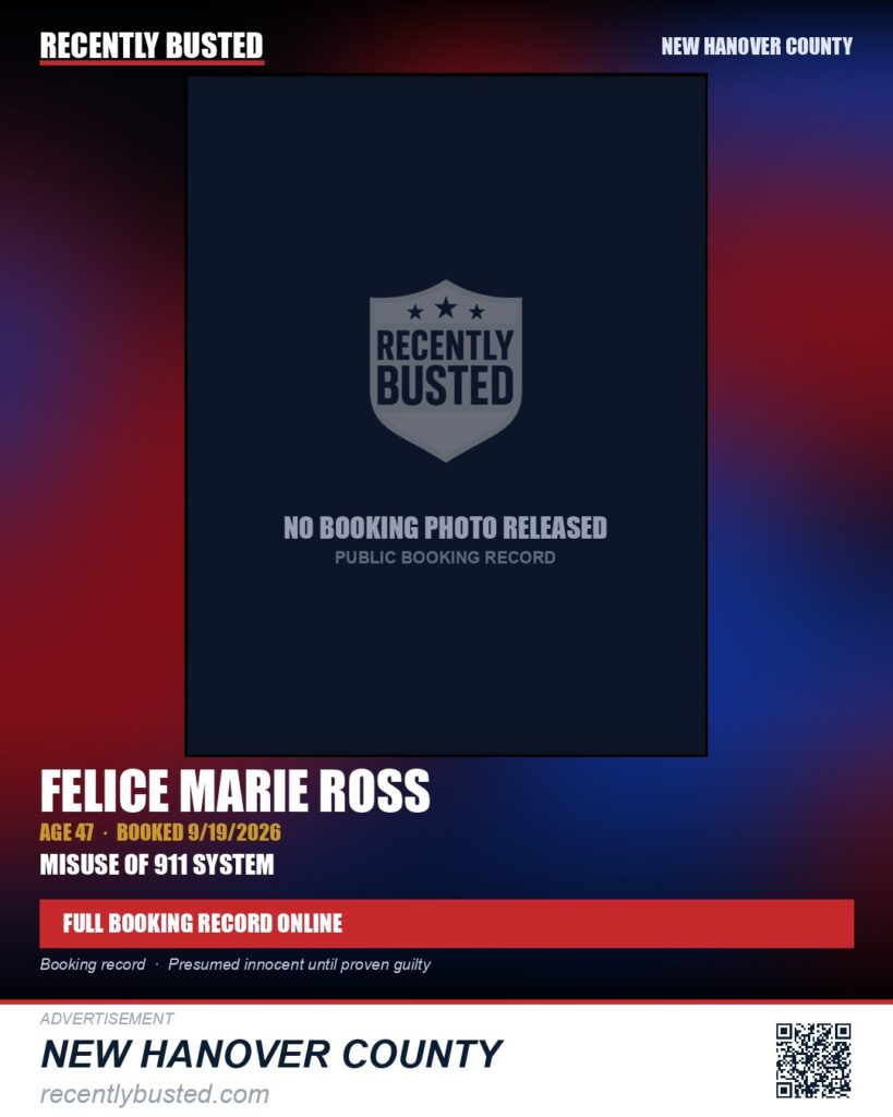 FELICE MARIE ROSS — arrest record card, New Hanover County