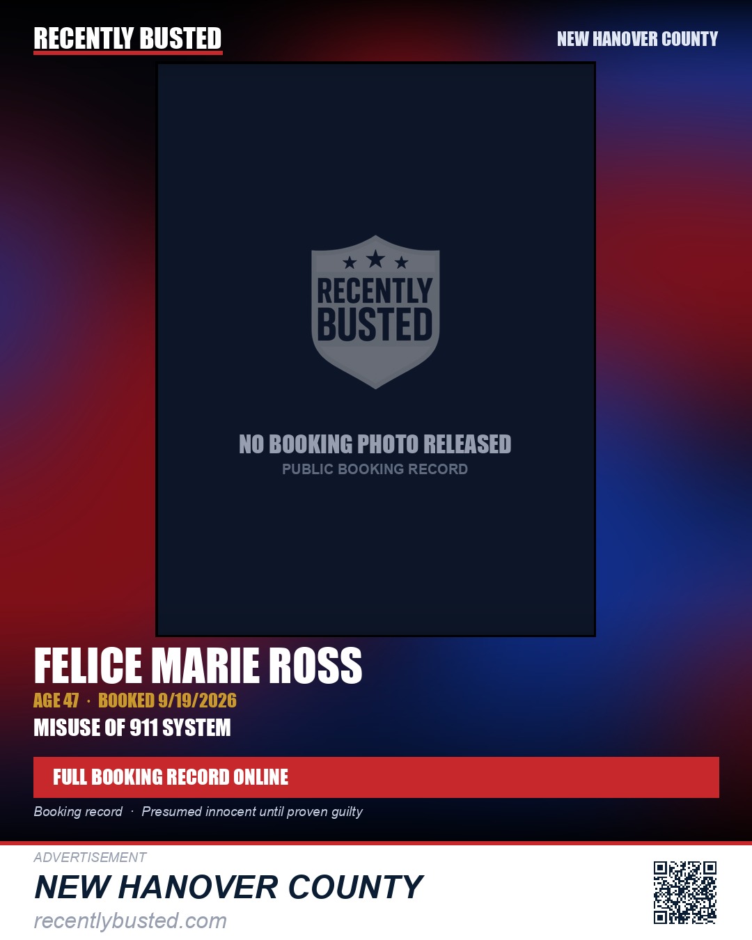 FELICE MARIE ROSS — arrest record card, New Hanover County