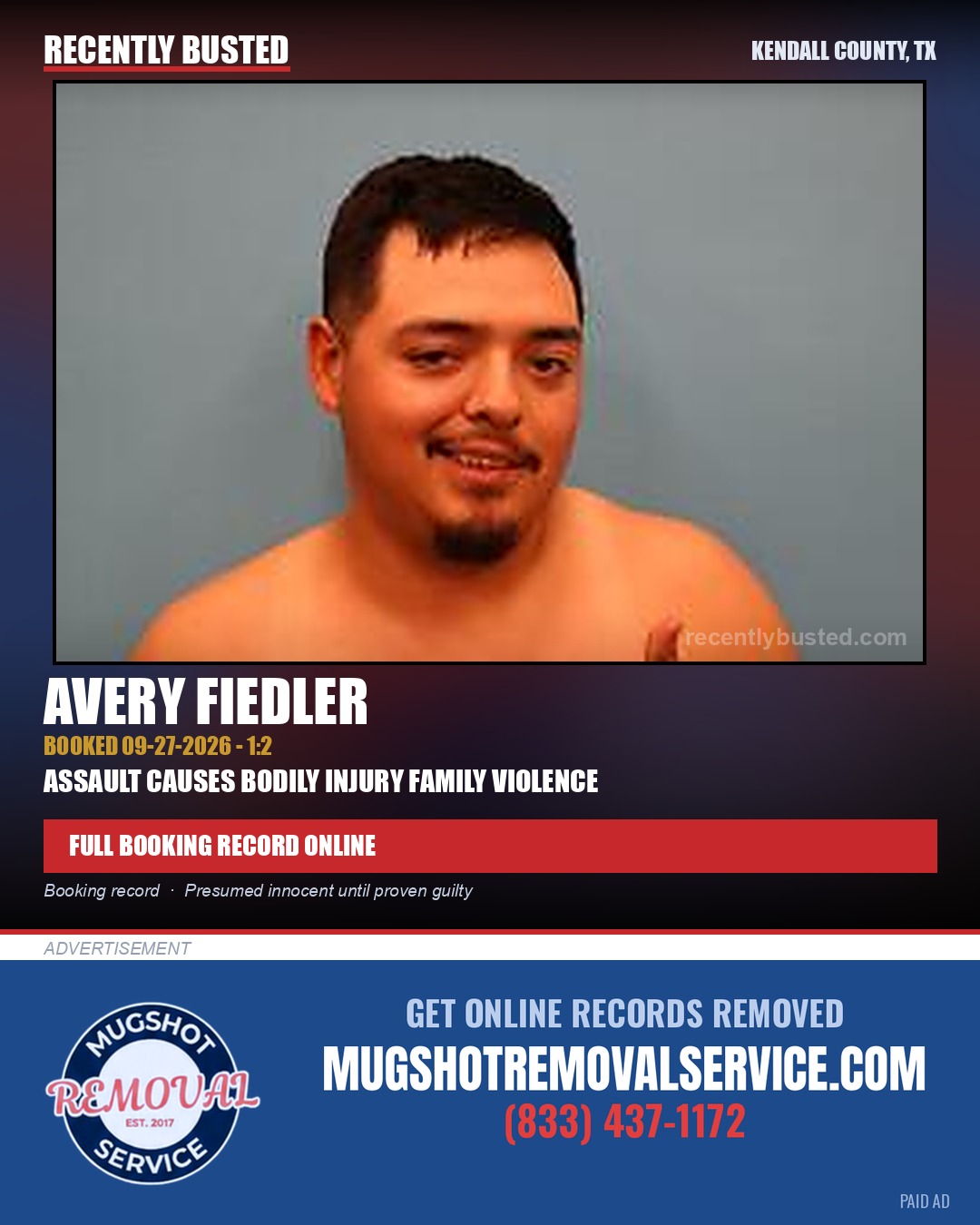 Fiedler, Avery — arrest record card, Kendall County, Texas
