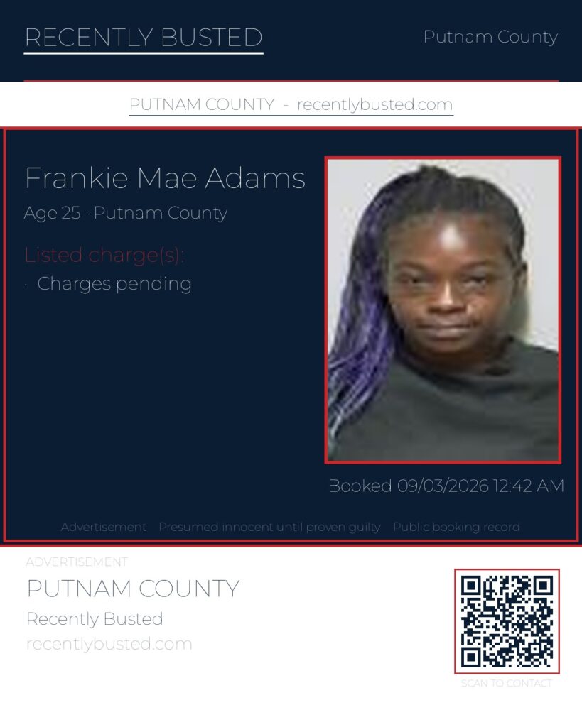 Frankie Mae Adams — arrest record card, Putnam County, Florida