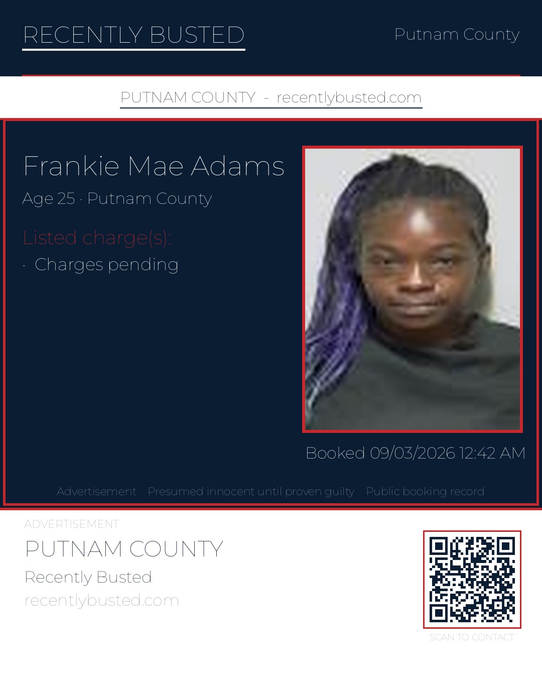 Frankie Mae Adams — arrest record card, Putnam County, Florida