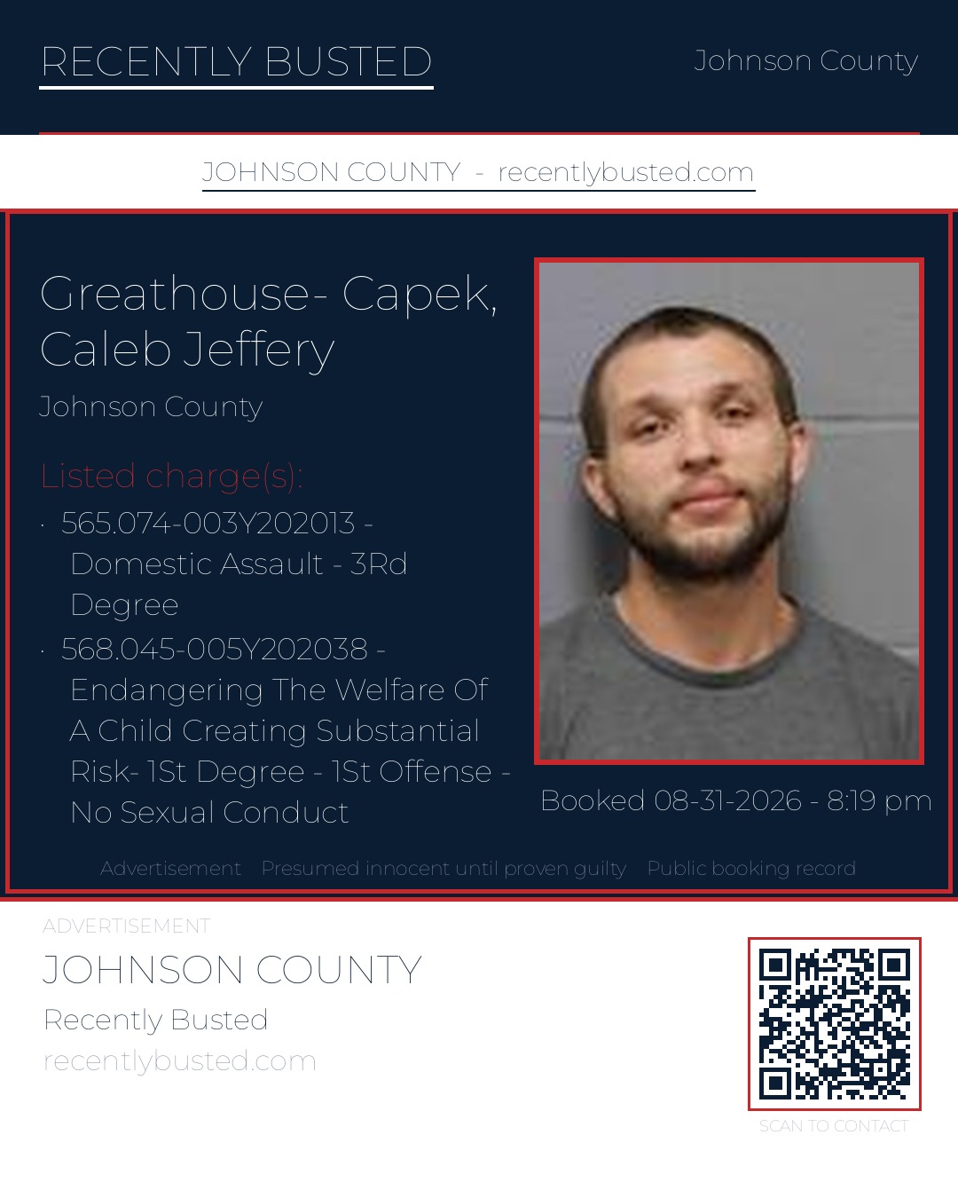 GREATHOUSE- CAPEK, CALEB JEFFERY — arrest record card, Johnson County, Missouri
