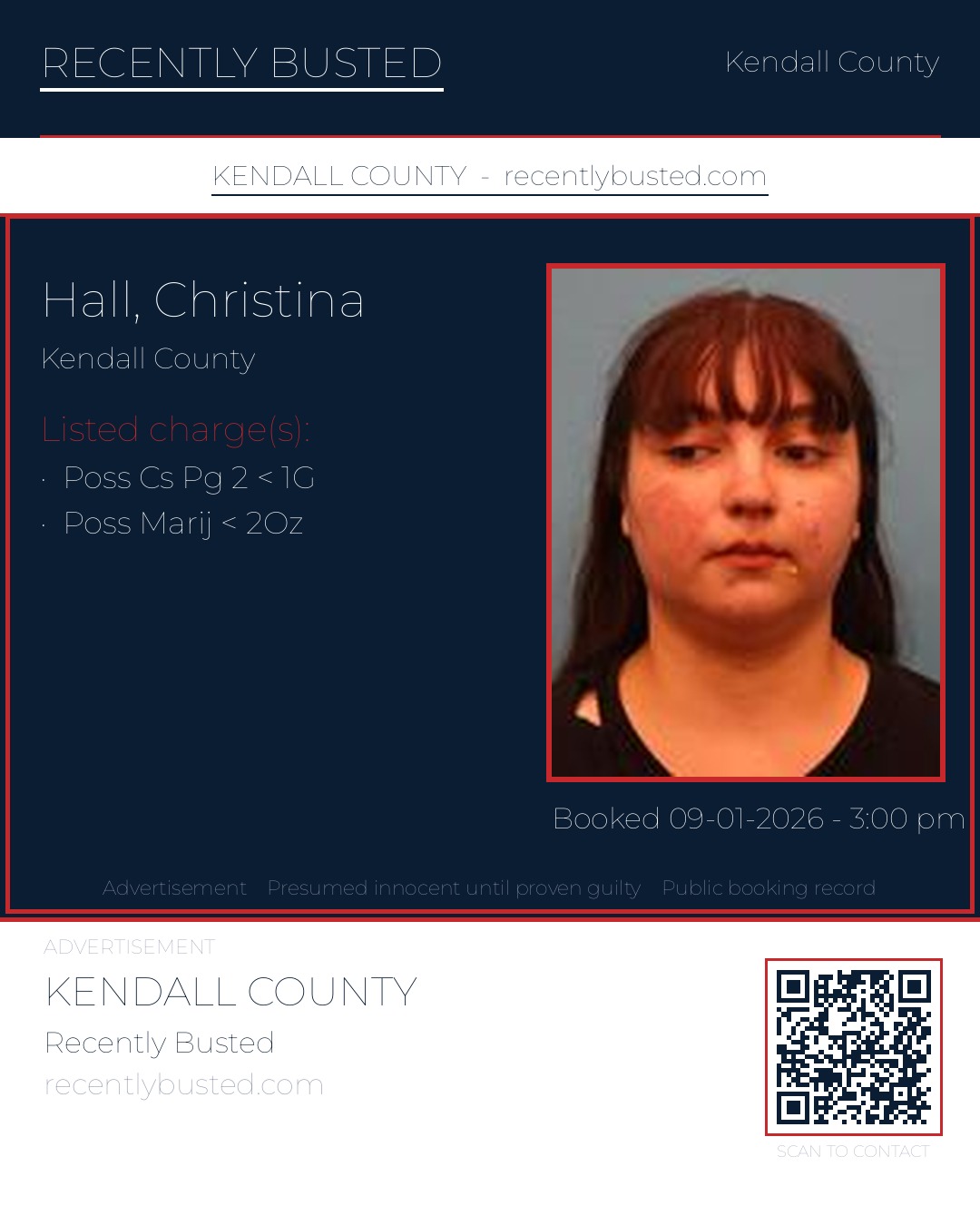 Hall, Christina — arrest record card, Kendall County, Texas