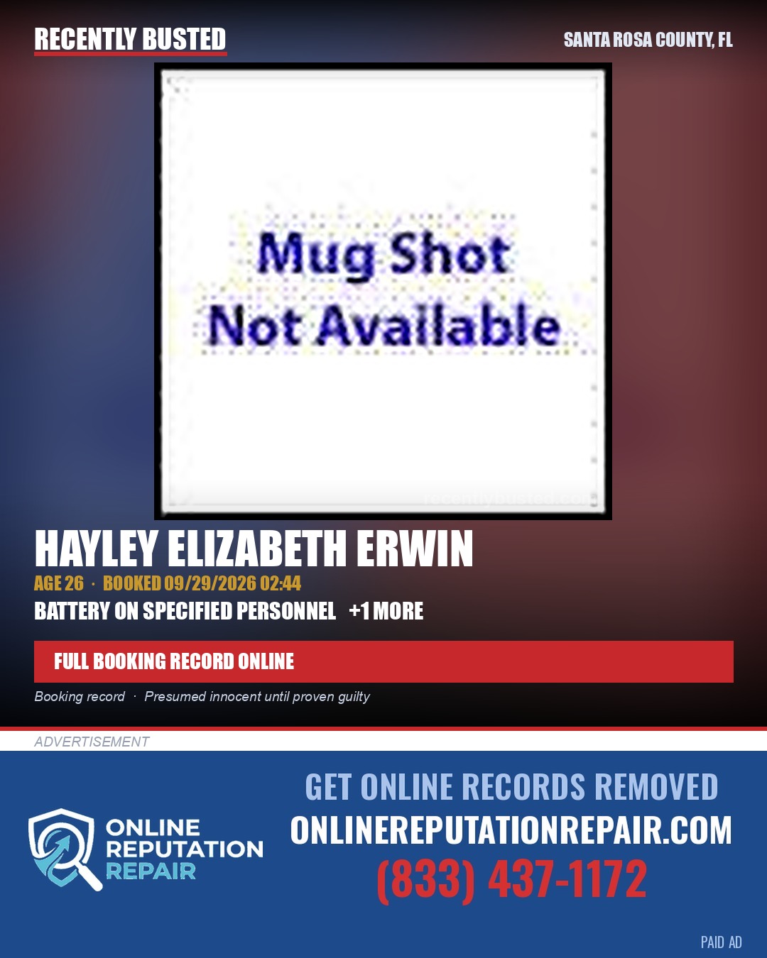 Hayley Elizabeth Erwin — arrest record card, Santa Rosa County, Florida