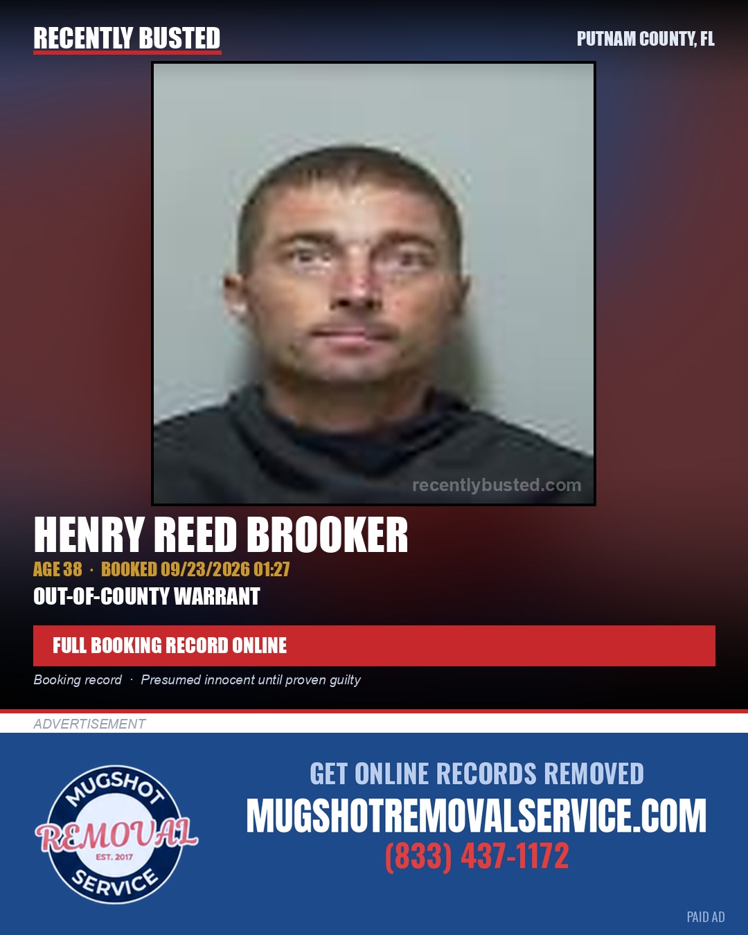 Henry Reed Brooker — arrest record card, Putnam County, Florida
