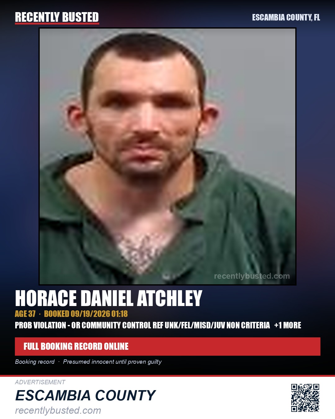 Horace Daniel Atchley — arrest record card, Escambia County, Florida