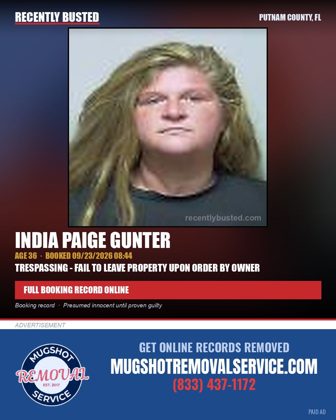 India Paige Gunter — arrest record card, Putnam County, Florida