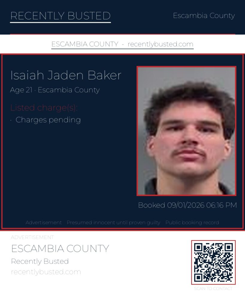 Isaiah Jaden Baker — arrest record card, Escambia County, Florida