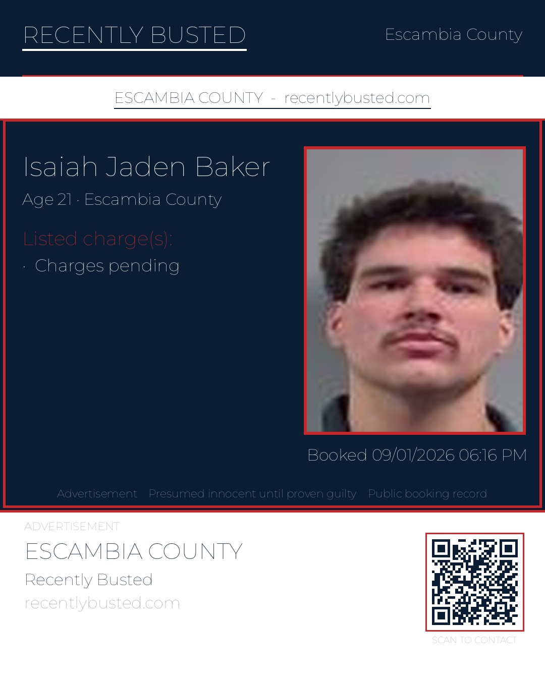 Isaiah Jaden Baker — arrest record card, Escambia County, Florida