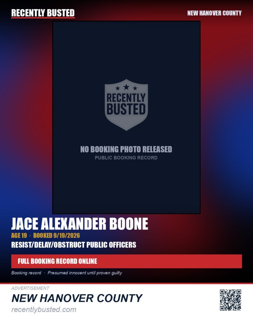 JACE ALEXANDER BOONE — arrest record card, New Hanover County