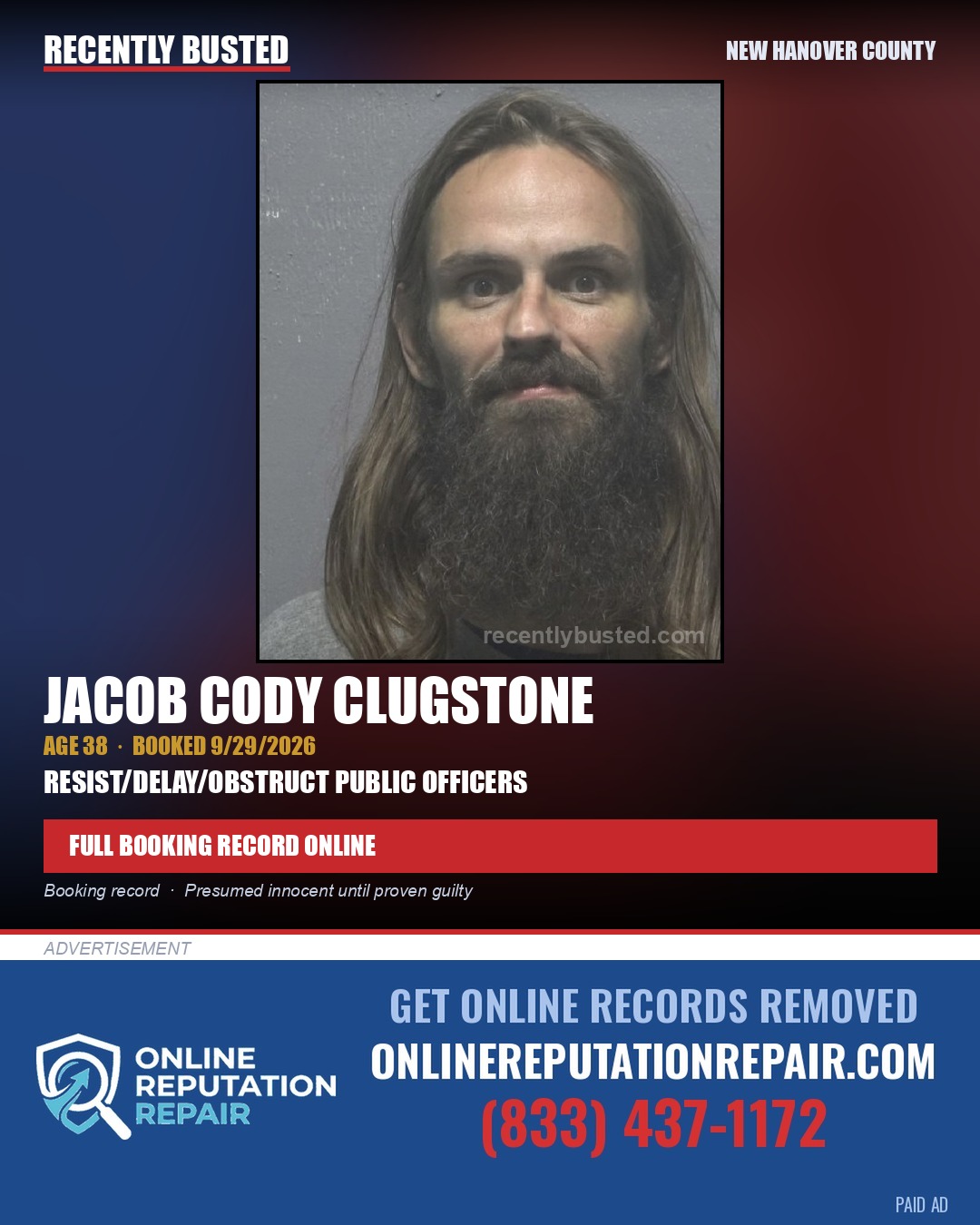 JACOB CODY CLUGSTONE — arrest record card, New Hanover County
