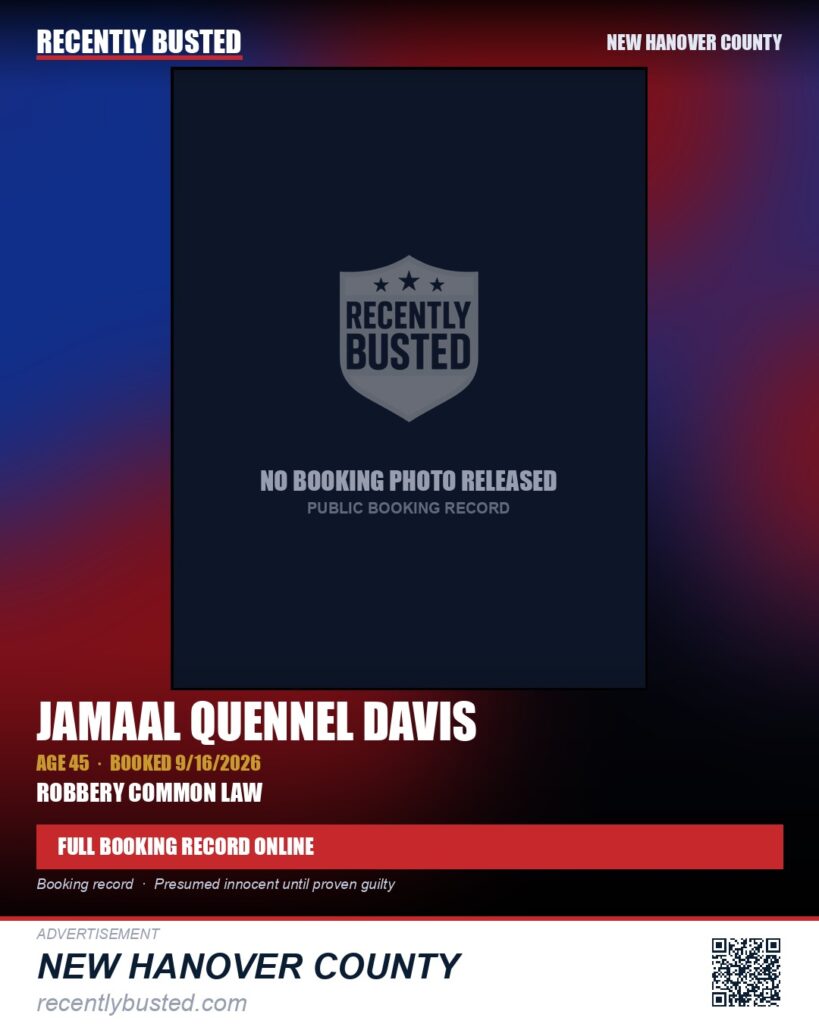 JAMAAL QUENNEL DAVIS — arrest record card, New Hanover