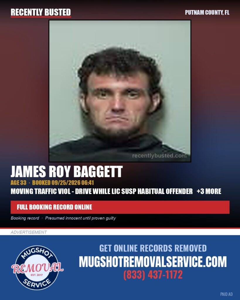 James Roy Baggett — arrest record card, Putnam County, Florida