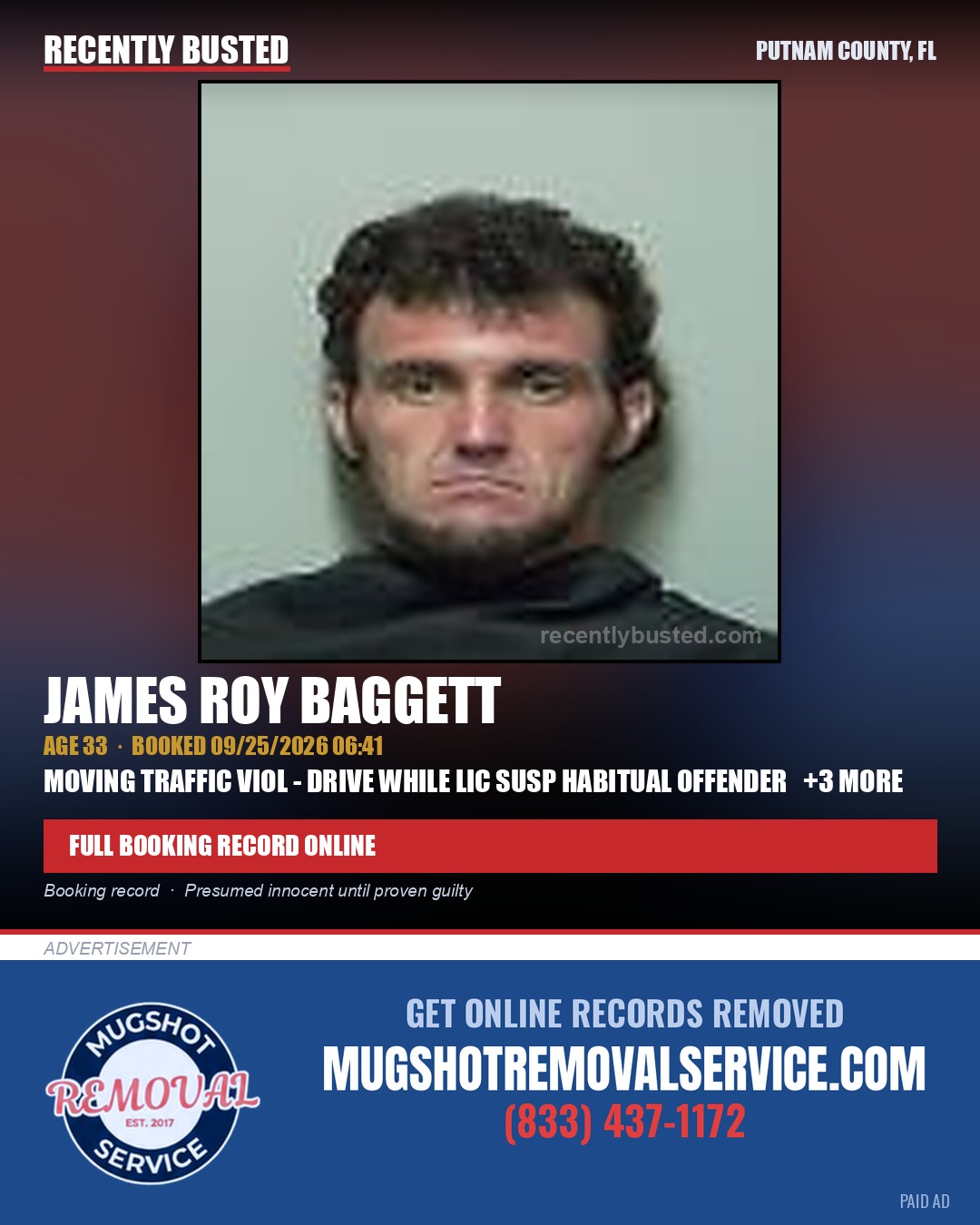 James Roy Baggett — arrest record card, Putnam County, Florida